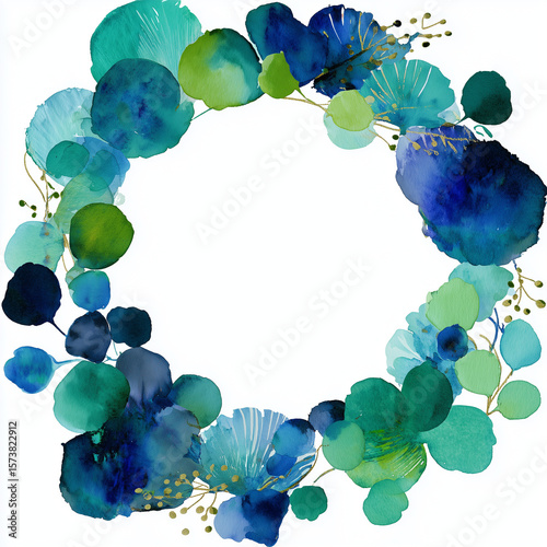 Watercolor blue and green circular frame, clipart, on a white background.