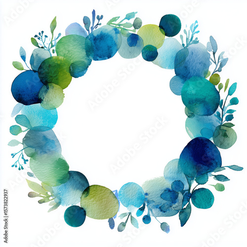 Watercolor blue and green circle frame, clipart on a white background.