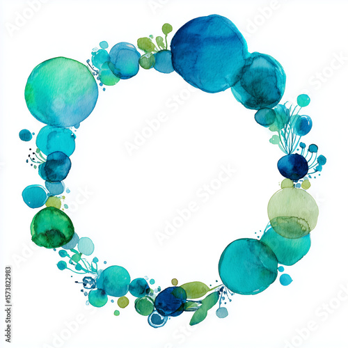 Watercolor blue and green circle frame, clipart on a white background.