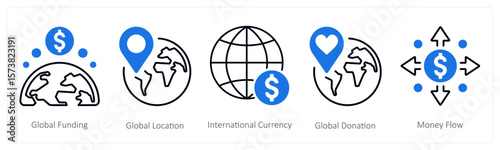 A set of 5 mix icons as global funding, global location, international currency