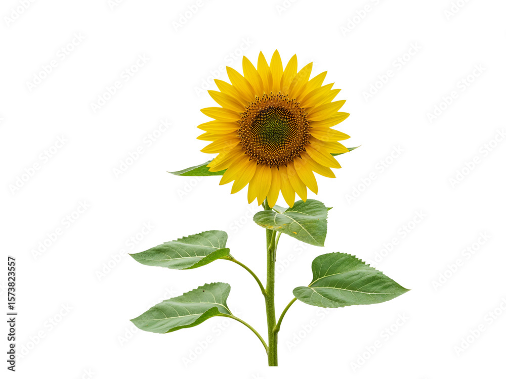 Fototapeta premium A single bright yellow sunflower with green leaves and stem isolated on transparent background