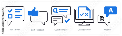 A set of 5 mix icons as text survey, best feedback, questionnaire