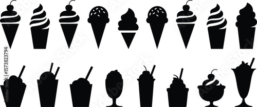 Ice cream silhouette collection, dessert cone illustration, sundae cup vector art, flat cad drawing, sweet food icon, black design elements