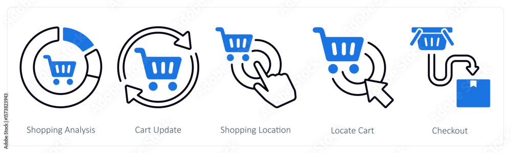 A set of 5 mix icons as shopping analysis, cart update, shopping location A set of 5 mix icons as shopping analysis, cart update, shopping location