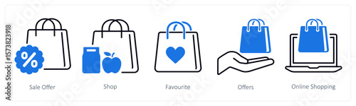 A set of 5 mix icons as sale offer, shop, favorite