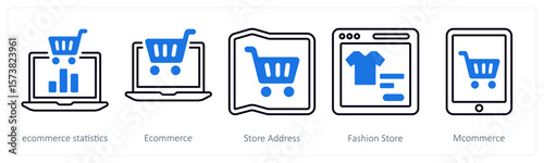 A set of 5 mix icons as ecommerce statistics, ecommerce, store address