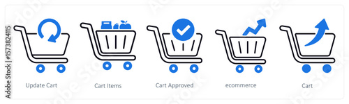 A set of 5 mix icons as update cart, cart items, cart approved