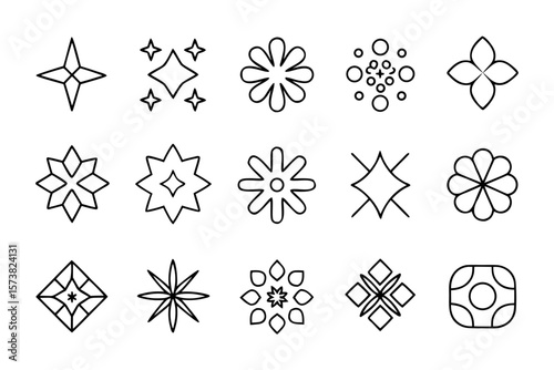 A primitive collection of abstract star and floral shapes featuring bold geometric elements and a simple color palette of black yellow cyan and magenta for versatile design applications
