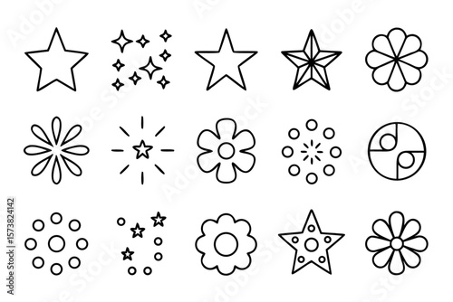 A primitive collection of abstract geometric shapes including stars and floral elements rendered in a bold palette of black yellow cyan and magenta for creative design projects