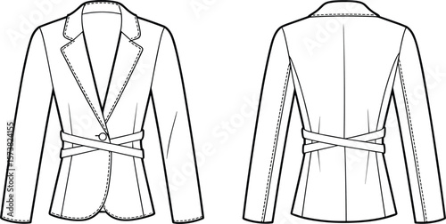 Women’s blazer with crossover waist belt, fashion flat sketch, tailored jacket front and back view, technical drawing vector illustration
