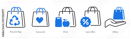 A set of 5 mix icons as recycle bag, favorite, shop