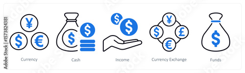 A set of 5 mix icons as currency, cash, income