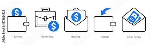 A set of 5 mix icons as savings, money bag, banking