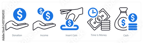 A set of 5 mix icons as donation, income, insert coin