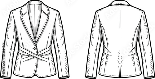 Hand drawn vector sketch of women blazer, crossover back design, tailored coat with lapel collar, detailed cad drawing illustration