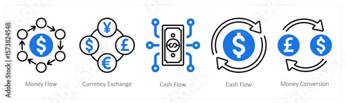 A set of 5 mix icons as money flow, currency exchange, cash flow