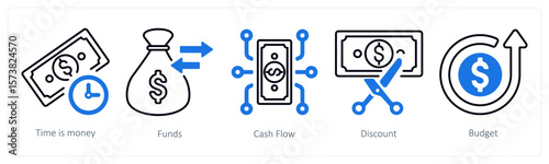 A set of 5 mix icons as time is money, funds, cash flow