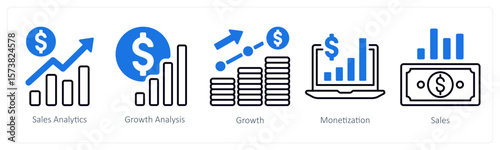 A set of 5 mix icons as sales analytics, growth analysis, growth