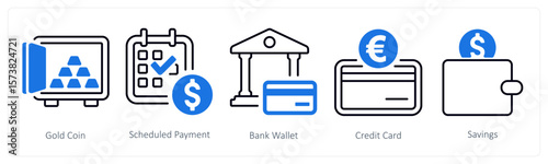 A set of 5 mix icons as gold coin, scheduled payment, bank wallet