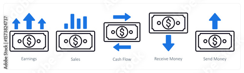 A set of 5 mix icons as earnings, sales, cash flow