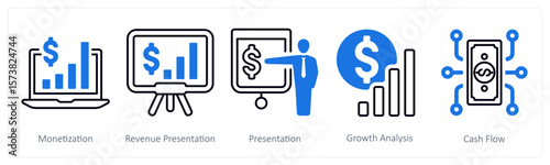 A set of 5 mix icons as monetization, revenue presentation, presentation