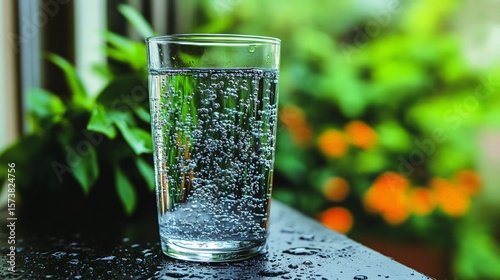 glass of clear water on green background


