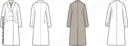 Long double breasted overcoat front and back view, fashion cad sketch, vector outerwear illustration, flat technical clothing design template