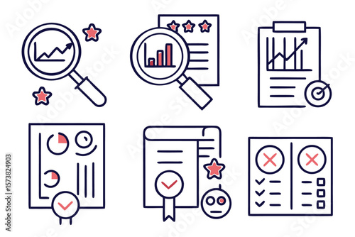 Comprehensive collection of professional graphic elements for business analysis including magnifying glass symbols for research and data exploration presented in a versatile format