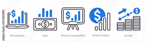A set of 5 mix icons as monetization, sales, revenue presentation 