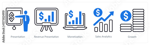 A set of 5 mix icons as presentation, revenue presentation, monetization