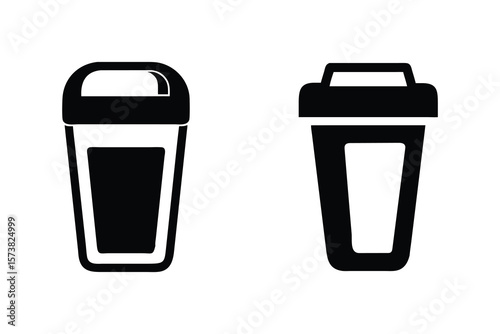 Two stylized black and white icons representing disposable coffee cups with lids on a clean white background