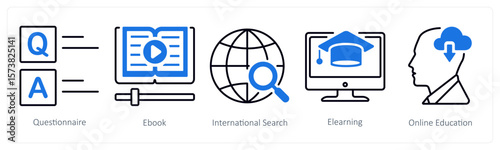 A set of 5 mix icons as questionnaire, e book, international search