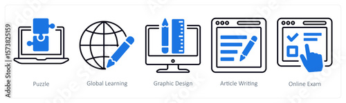A set of 5 mix icons as puzzle, global learning, graphic design
