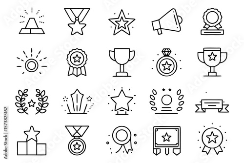 Collection of minimal line art symbols representing awards trophies and achievements designed with clean outlines and a focus on clarity for various applications