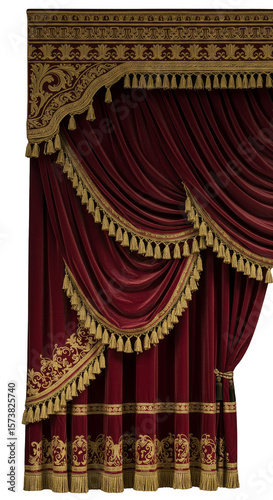 Isolated Close Up Photo of Velvet Red and Gold Luxury Royal Curtain