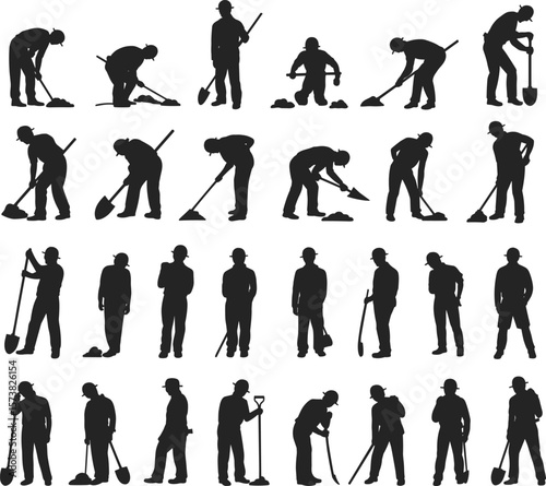 Silhouette of construction workers digging, shoveling soil, using tools, labor poses collection, black vector shapes, cad drawing flat vector illustration