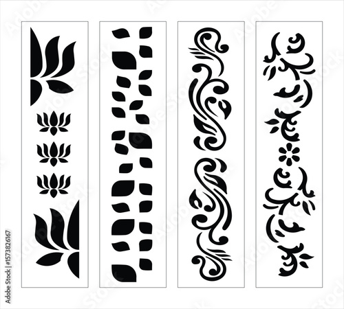 Elegant Vertical Black And White Seamless Ornamental Borders Floral Vector Designs