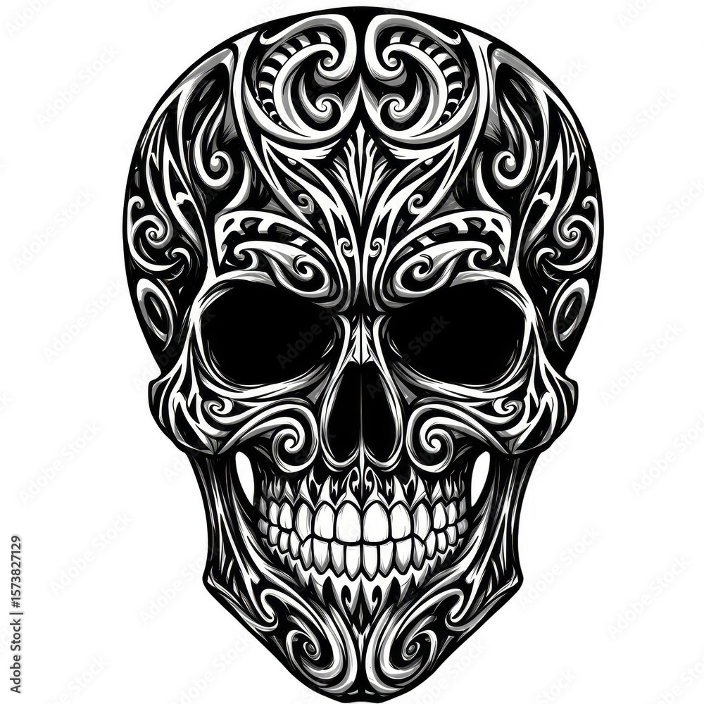 Fototapeta premium Ornate Decorative Black and White Skull Illustration for Halloween Design