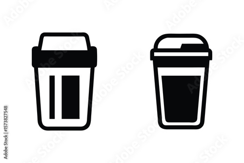 Two simple black and white silhouette icons of disposable coffee cups with lids and one with a striped design