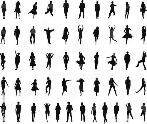 Silhouette people pose vector set, stylish male female figures, walking standing dancing illustrations, flat cad drawing for stock design