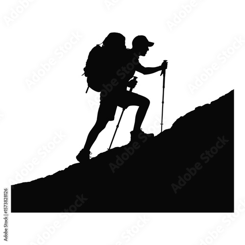 Hiker with backpack and poles climbing steep mountain slope silhouette