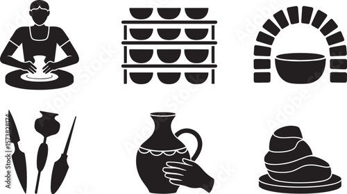 Pottery making icon with kiln wheel shelf hands tools and clay craft illustration