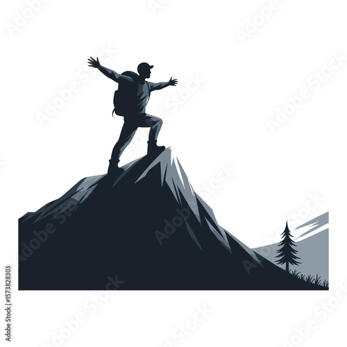 Adventurous hiker celebrates reaching mountain peak with arms outstretched silhouette