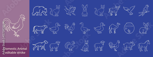 Domestic Animal editable stroke outline web icons set. Cow, goat, pig, hen, goose, horse, chicken, rooster and sheep. Vector illustration