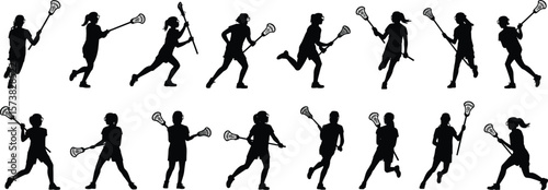 Silhouettes of girls playing lacrosse, various action poses, sports training, athletic movement, youth athletes, competitive sports, isolated background