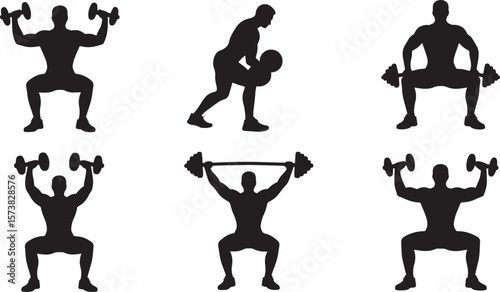 Weightlifting workout icon with barbell dumbbell squat and fitness exercise poses