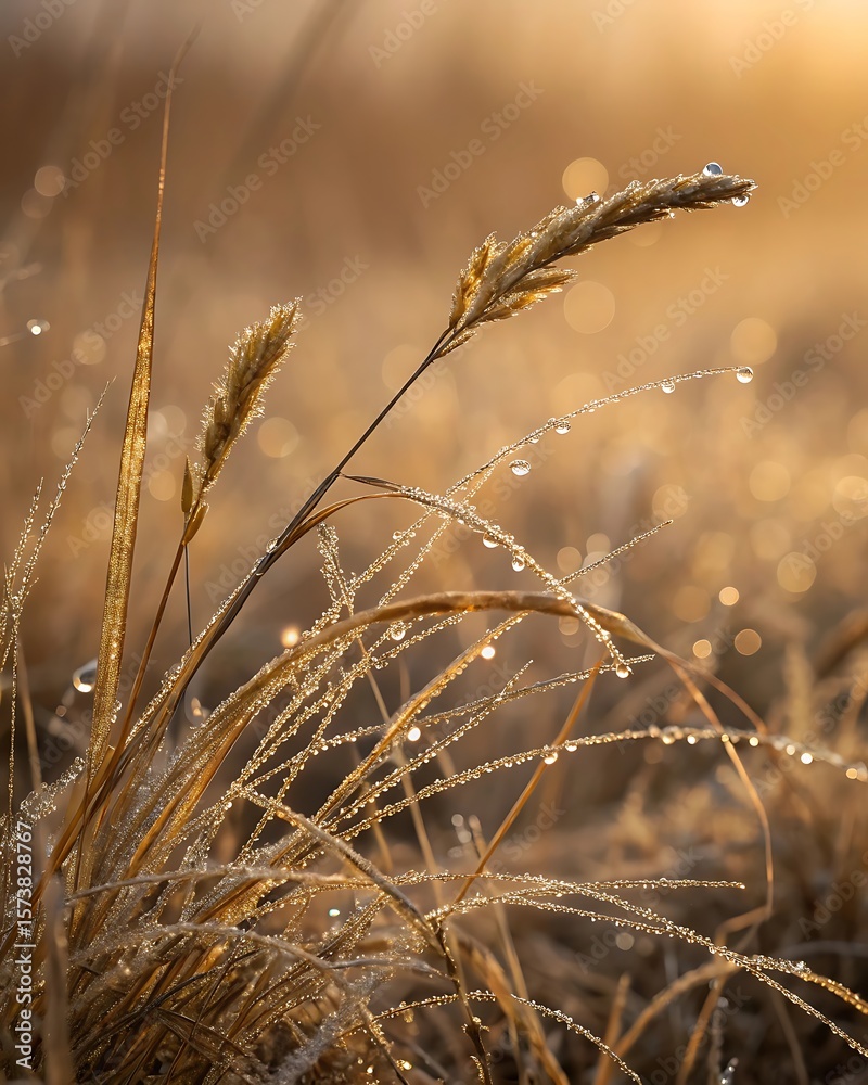 Fototapeta premium Golden Grass Blades with Morning Dew Drops at Sunrise