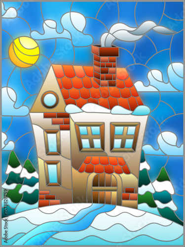 Illustration in vintage style winter landscape, village house and fir-trees on a background of snow, sky and sun
