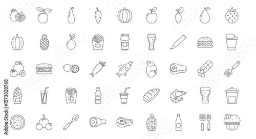 Fruits, Vegetables, Drinks, and Snacks in Illustrative Style on a Light Background