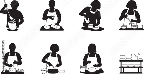 Soap making process icon with pouring mixing cutting packaging and shelf illustration